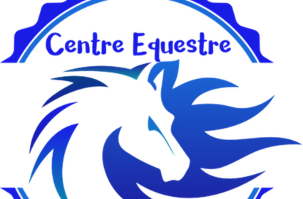 logo représentant une tête de cheval entourée d'arcs de cercle avec l'inscription Horselou centre équestre sellerie, le tout dans les tons bleu