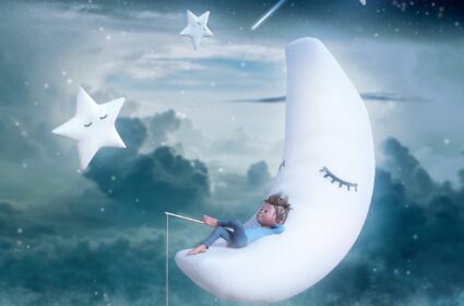 Dessin d'un garçon allongé sur une lune au dessus de l'eau dans les tons de bleu