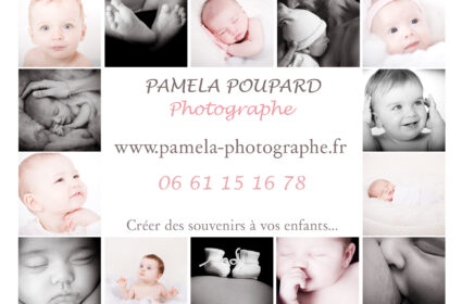 flyer de la photographe Paméla Poupard installée à Guenrouët avec ses coordonnées encadrées par des photos d'enfants et de femmes enceintes